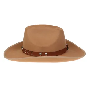 Detail of camel wool western cowboy hat with brown faux leather studded band