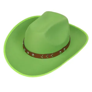 Detail of bright green cowboy hat featuring a brown studded leather band and metal accents