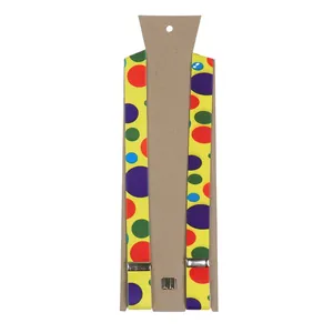 Detail of yellow suspenders with colorful polka dots and silver metal adjustment clips