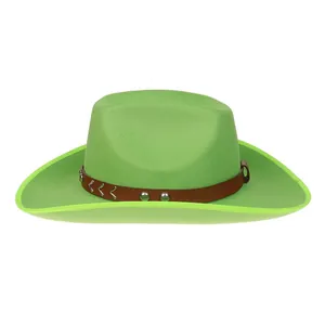 Detail of green wool cowboy hat with brown studded leather band and metal accents