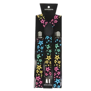 Detail of star pattern suspenders with metal clips and leather joiner on card