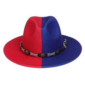 Chapeau Fedora Patchwork Bicolore Avec Ceinture Étoile en Métal Large Bord Feutre de Laine Chapeau Jazz Cowboy pour Femmes Hommes