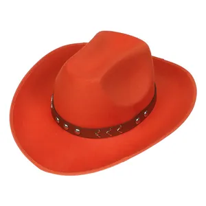 Detail of orange felt cowboy hat featuring brown leather band with silver metal rivets
