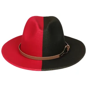 Chapeau Fedora en laine style britannique avec design bicolore rouge-vert et cuir