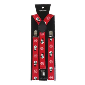 Festive red Christmas suspenders with snowman and snowflake patterns and metal clips