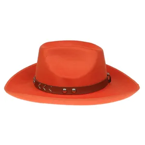 Detail of orange cowboy felt hat featuring studded leather band and V-shape stitching
