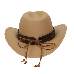 Detail of camel wool felt cowboy hat with leather band and wooden bead accents