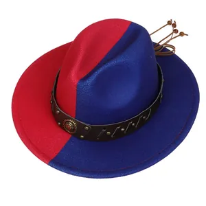 Detail of red and blue fedora hat with leather band, gold lion badge and wooden beads