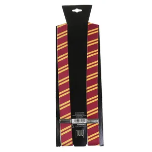 Detail of red and yellow striped polyester suspenders with adjustable metal clips