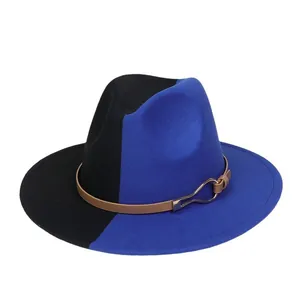 Chapeau fedora en laine bicolore noir et bleu avec ruban en cuir et boucle dorée