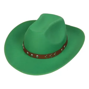 Top view of green felt cowboy hat with studded leather band and wide curved brim