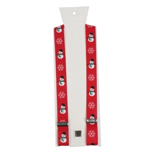 Detail view of red Christmas suspenders with snowman and snowflake patterns on packaging