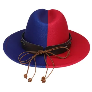Detail of red and blue split color wool felt fedora with studded leather hat band