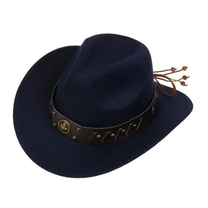 Close-up of navy blue wool cowboy hat featuring brown leather band and metallic badge
