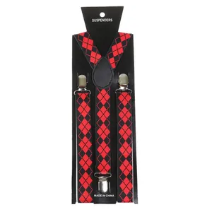 Detail of red and black argyle pattern suspenders with silver metal clips and Y-back structure