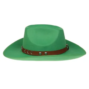Close-up of green felt cowboy hat with brown studded leather band and metal rivets