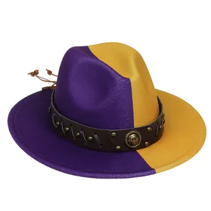 Detail of two-tone purple and gold wool fedora with faux leather studded band