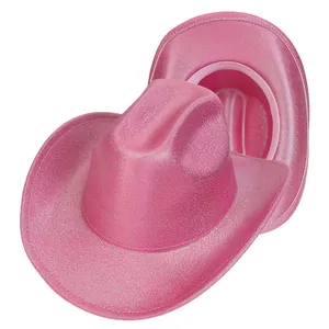 Sparkly pink sequin cowboy hats with curved brims for party costumes and Western retro style