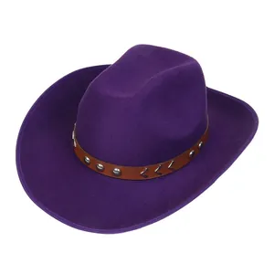 Close-up of purple wool western cowboy hat with brown leather band and silver studs