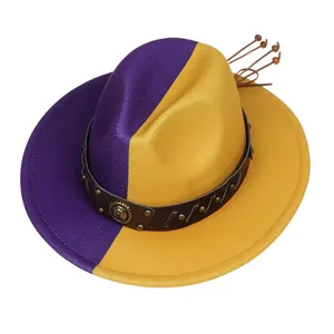 Detail of two-tone purple and yellow wool fedora with leather band and lion head emblem