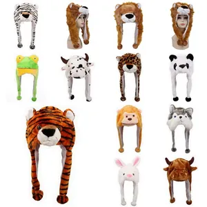 Detailed collage of assorted plush animal earflap hats with pom-poms for kids and adults