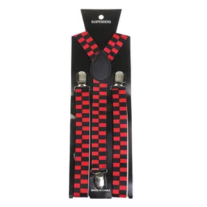 Detail of Y-back red and black checkered suspenders with silver clips on display card