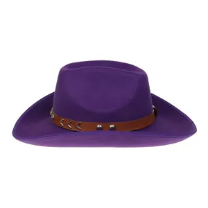 Close-up of purple wool cowboy hat with brown leather band and silver metal studs
