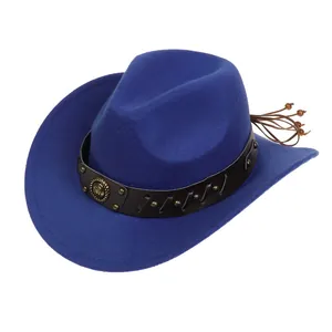 Detail of royal blue cowboy hat with brown leather rivet band and decorative tassels