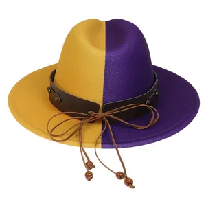 Detail of yellow and purple fedora hat with studded leather band and wooden beads