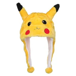 Close-up of yellow plush cartoon hat with embroidered details and soft ear flaps
