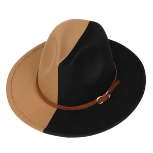 Chapeau fedora en laine bicolore camel et noir avec une sangle à boucle dorée chic