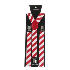 Unisex elastic suspenders with festive red and white stripes and silver metal clips