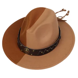 Detail of bicolor felt hat with leather rivet band, metal badge and decorative beads