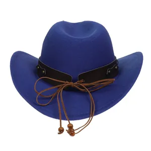 Detail of blue felt cowboy hat featuring leather band with metal studs and wood beads
