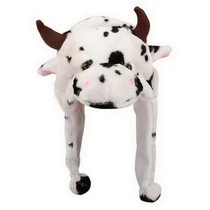 Detail of cute plush cow hat with 3D horns and long straps for interactive ear moving