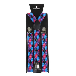 Detail of Y-back elastic suspenders with colorful argyle pattern and silver metal clips
