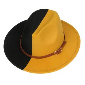 Chapeau jazz bicolore en laine de style britannique avec boucle dorée pour femme