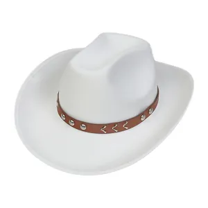 Detail of white wool western cowboy hat with brown studded leather belt and V-shaped accents