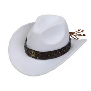 Detail of white felt cowboy hat featuring brown leather band with horseshoe ornament