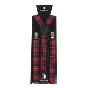 Detail of tartan plaid suspenders with elastic straps and durable silver metal clips