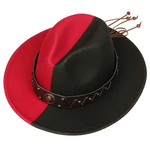 Detail of two-tone wool fedora with leather band, vintage rivets, and wooden beads