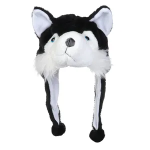 Close-up of black and white husky plush hat featuring blue eyes and long ear flaps