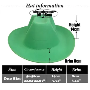 Bright green wool western cowboy hat with size chart showing wide brim and high crown details
