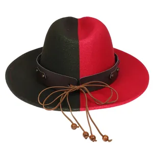 Detail of red and dark green wool fedora hat with studded leather band and wooden beads