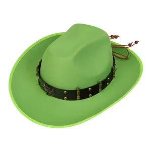 Green western cowboy hat with studded leather band and bronze eagle emblem on white backdrop