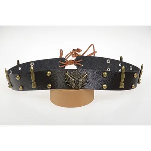 Punk style black leather fedora hat band with bronze eagle emblem and metal studs