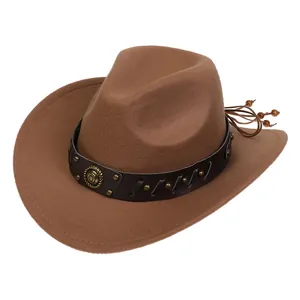 Detail of brown cowboy hat showing leather band with gold rivets and ethnic wood beads