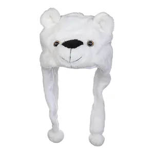 Detailed view of white plush polar bear hat with soft earflaps and cute embroidered face