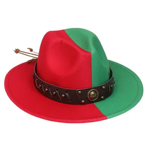 Detail of red and green wool felt hat with leather band, gold rivets and wooden beads