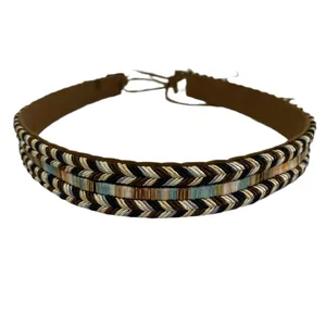 Handmade bohemian style chevron braided fedora hat band with adjustable suede ties